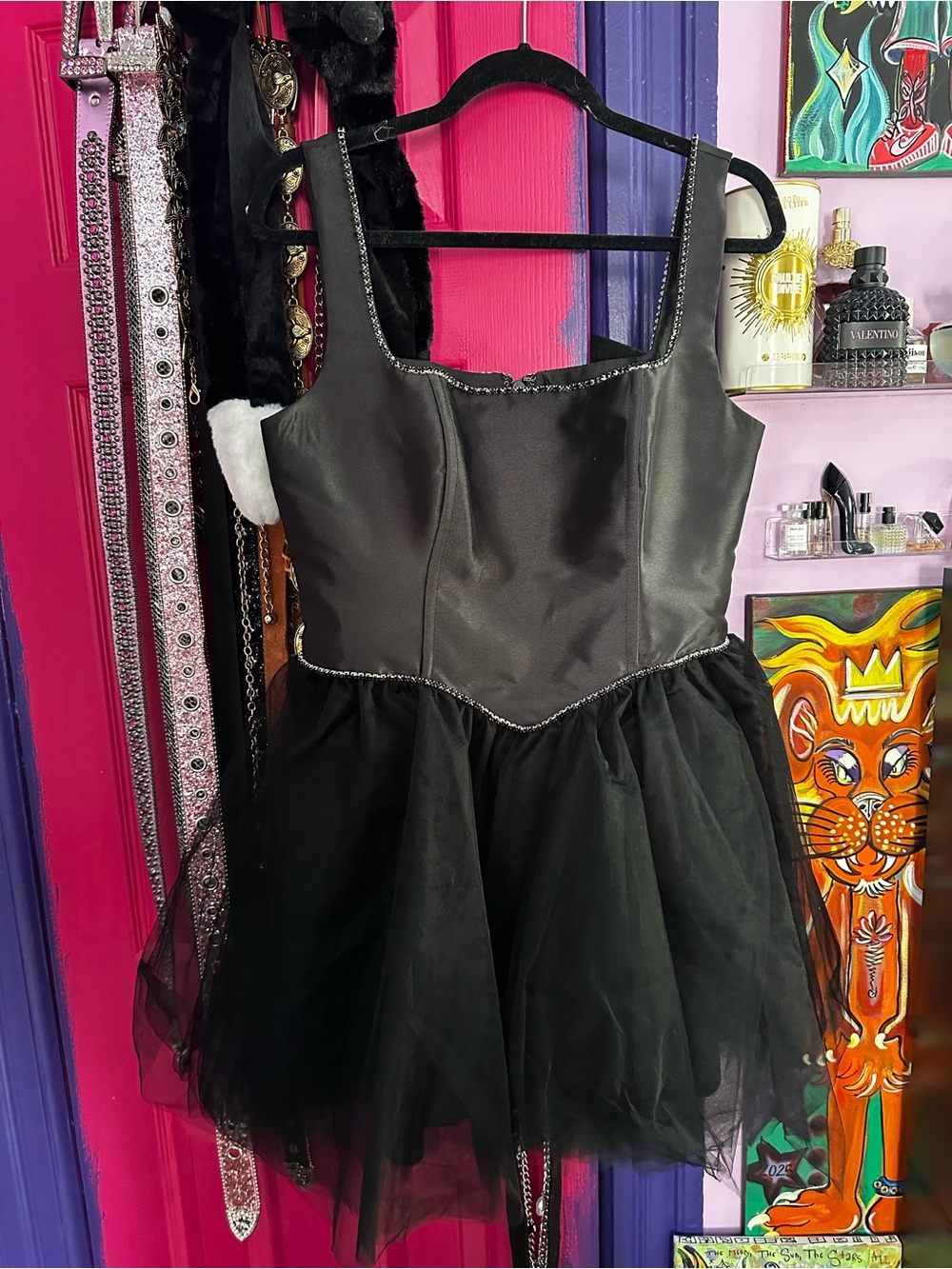 Black Tulle Skater Dress with Diamond Trim
